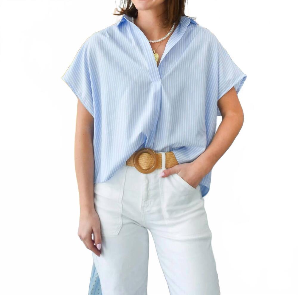 NEW KARLIE stripe poplin collared top in blue/white